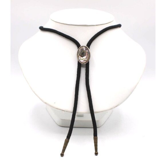 Vintage Western Bolo Tie Abalone Shell Oval Slide Black Braided Cord Brass Tips - Picture 2 of 9